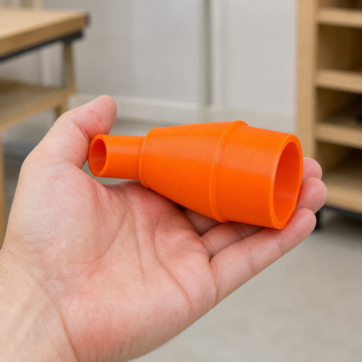 The DJV182 to Craftsman 20G dust adapter held in one hand to show its size