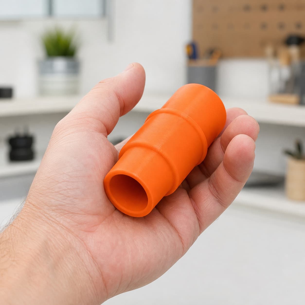 The Origin to 1.25" Duct dust adapter held in one hand to show its size