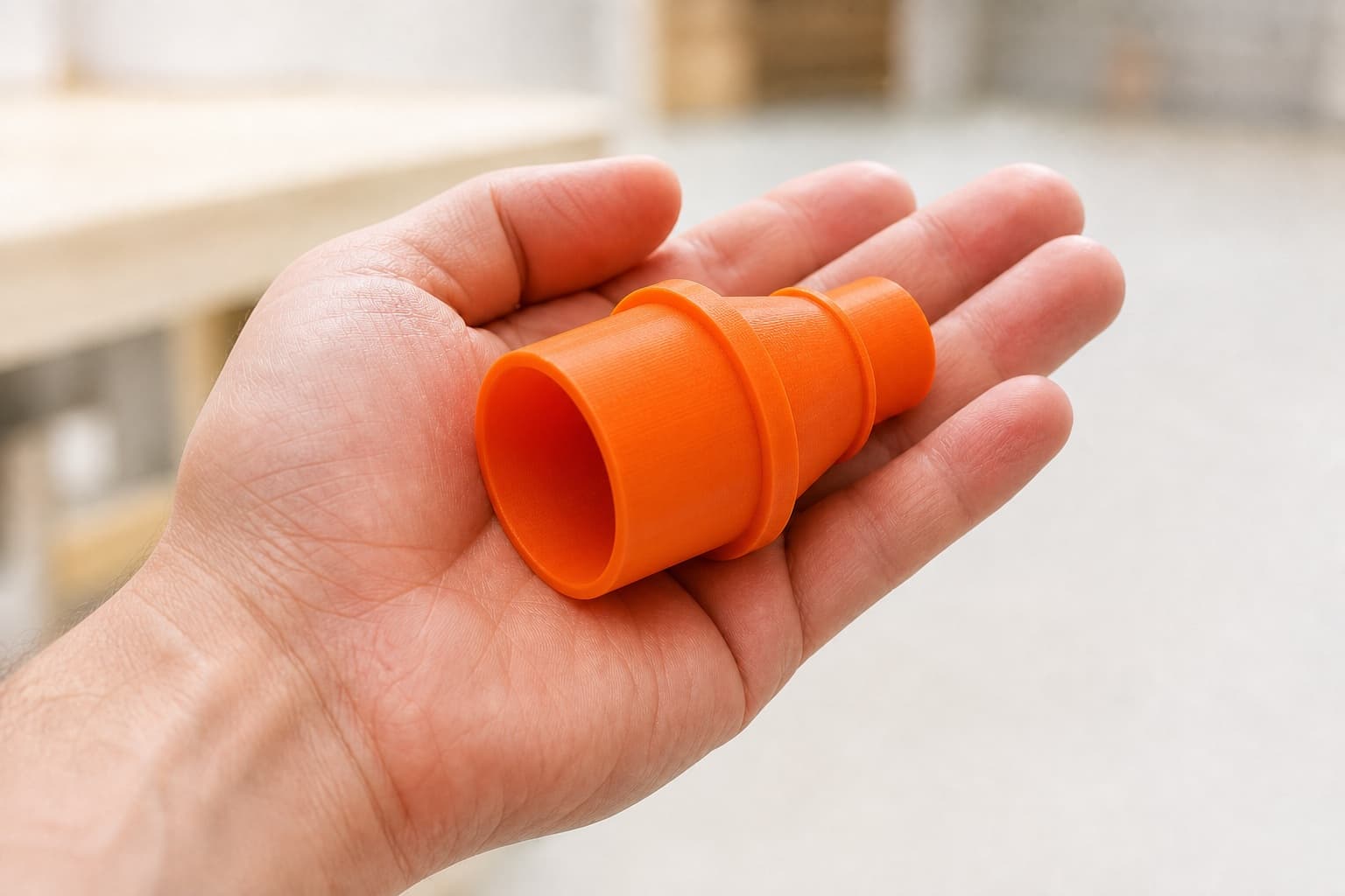 The 577017 to 1.875" Duct dust adapter held in one hand to show its size