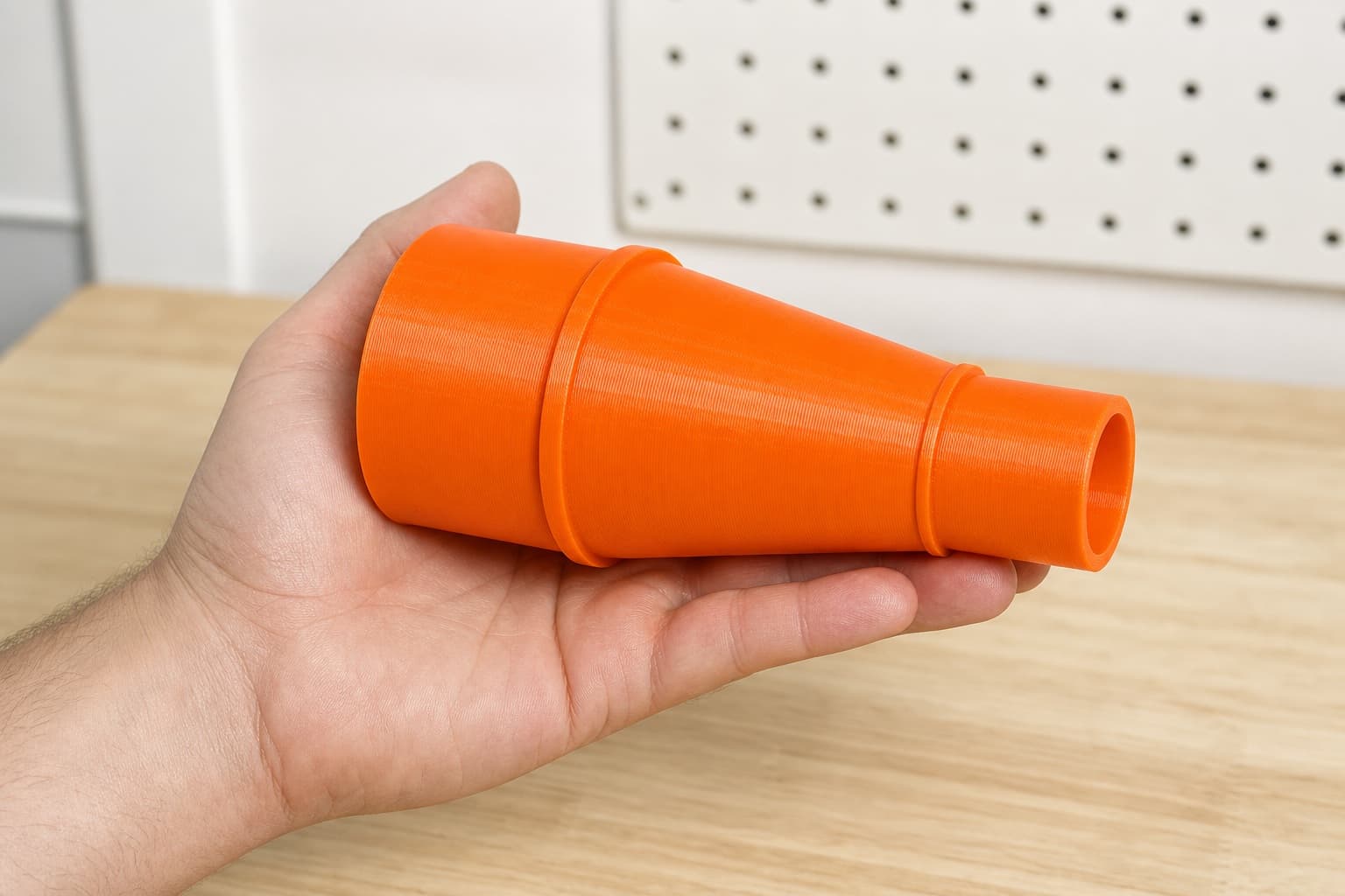 The ROS20VSK to Bauer 6G Vac dust adapter held in one hand to show its size