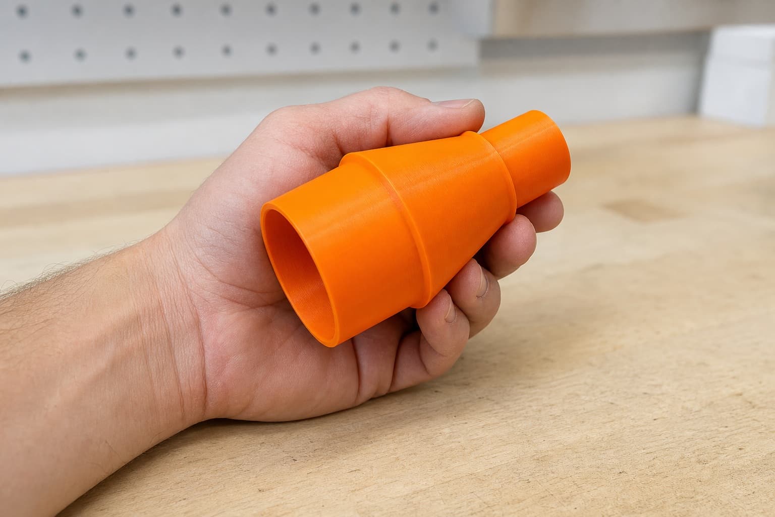 The 2723-20 to Craftsman 20G dust adapter held in one hand to show its size