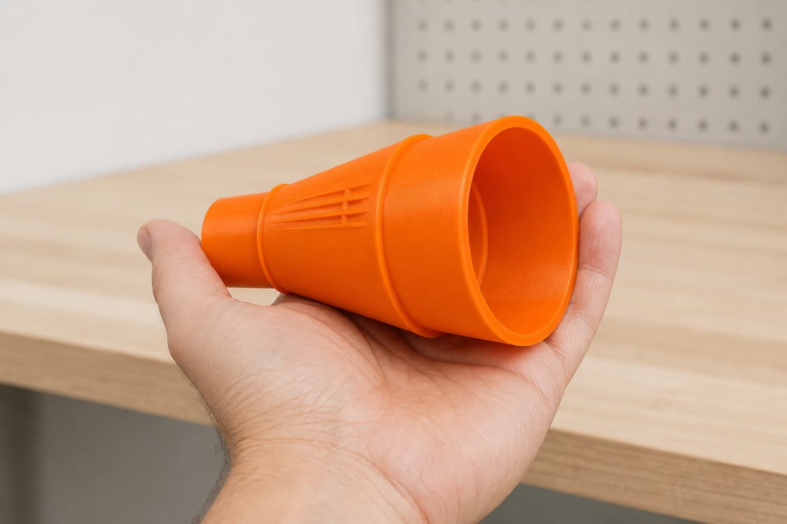 The DCW600B to Ridgid 14G NXT dust adapter held in one hand to show its size