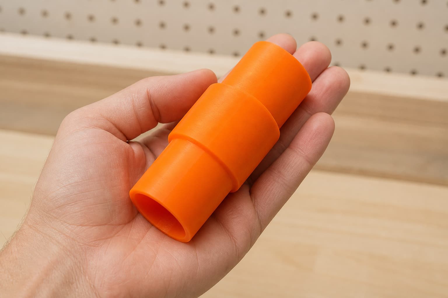 The PCL505B to 1.25" Duct dust adapter held in one hand to show its size