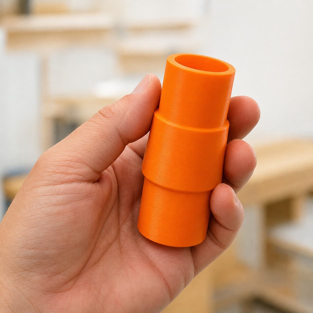 The PCL505B to 36mm Festool dust adapter held in one hand to show its size