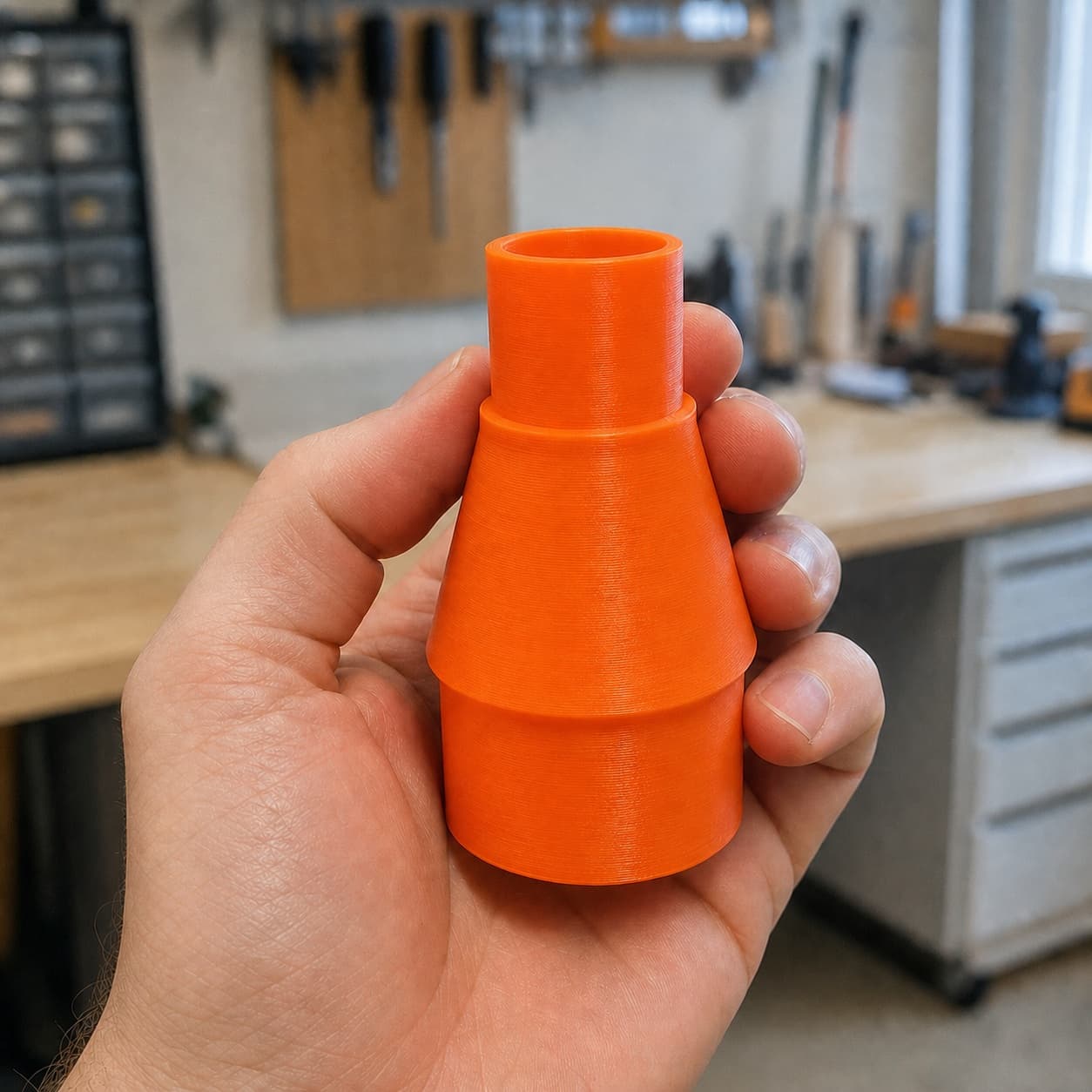 The DCS355B to 2" Duct dust adapter held in one hand to show its size