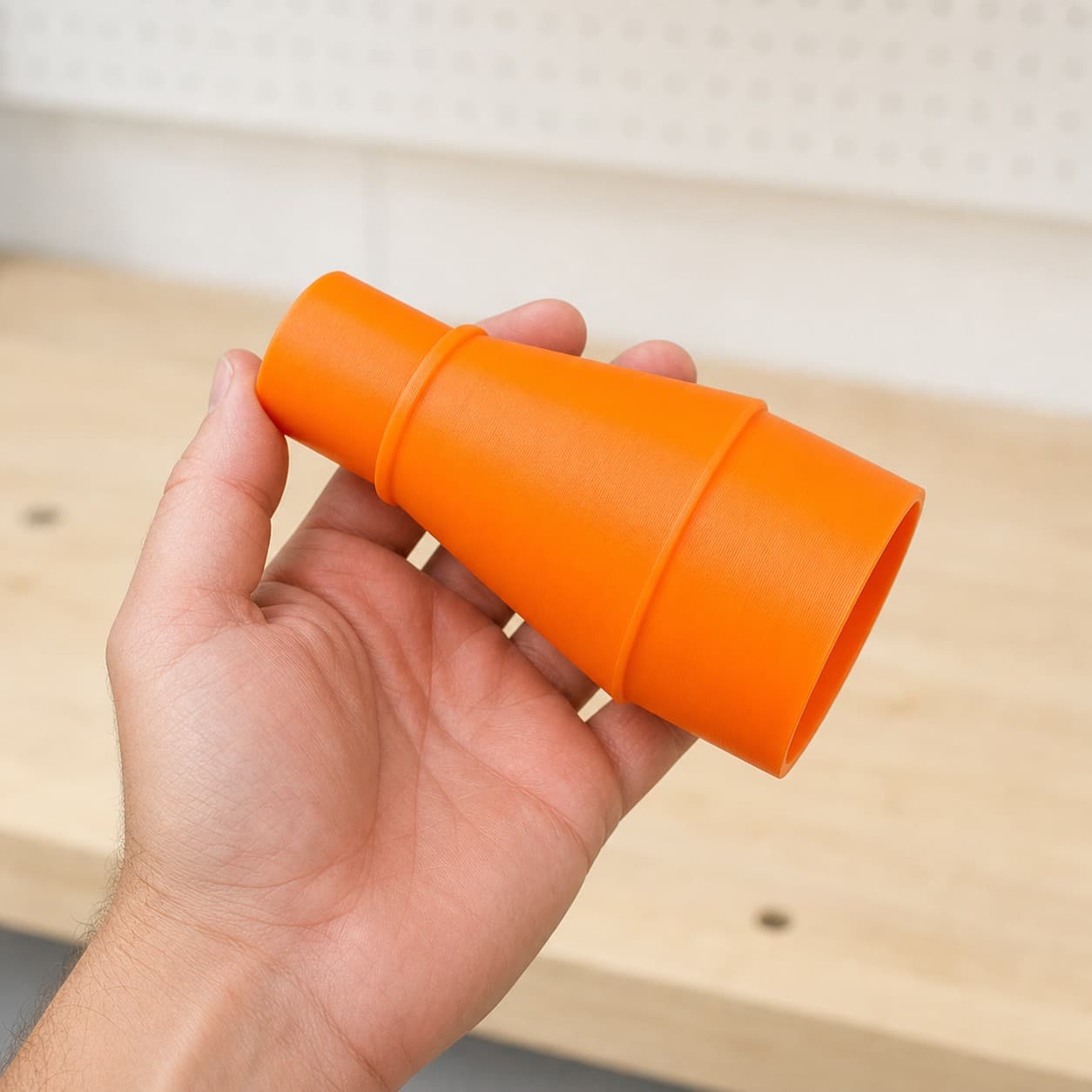 The PCC761B to Ridgid 14G NXT dust adapter held in one hand to show its size
