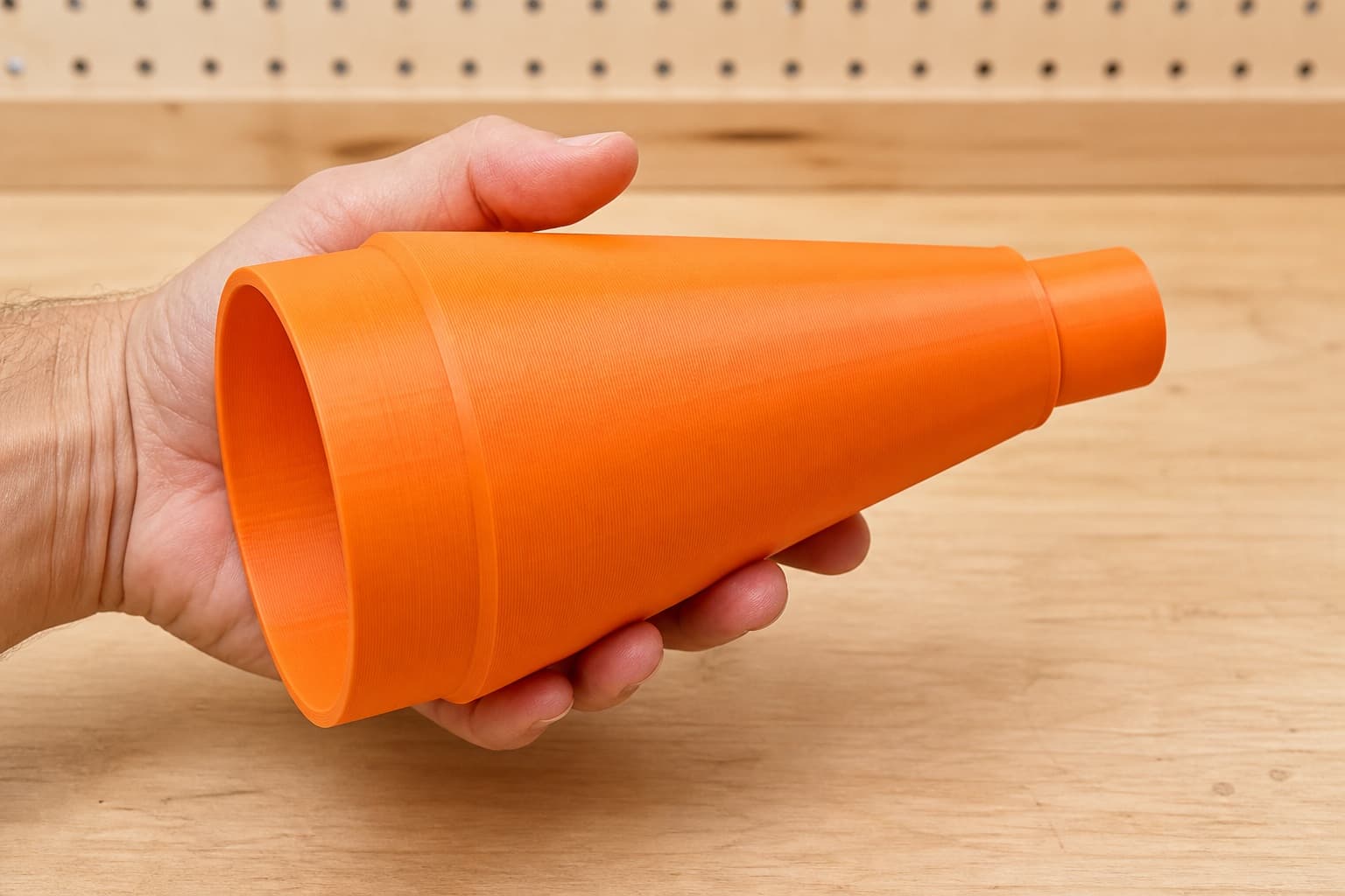 The 2737-20 to 4" Duct dust adapter held in one hand to show its size