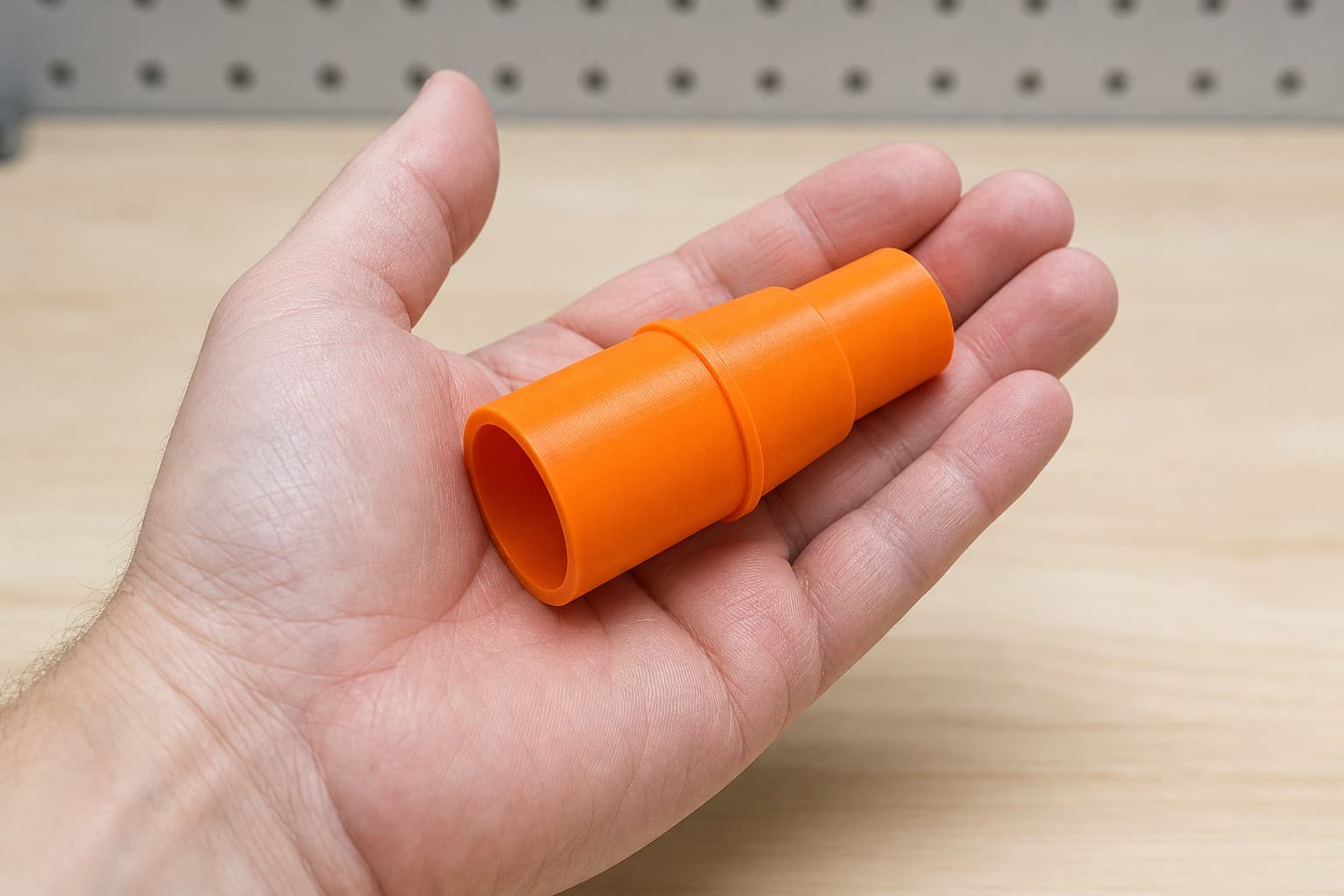 The DRT50 to Festool CT MIDI dust adapter held in one hand to show its size
