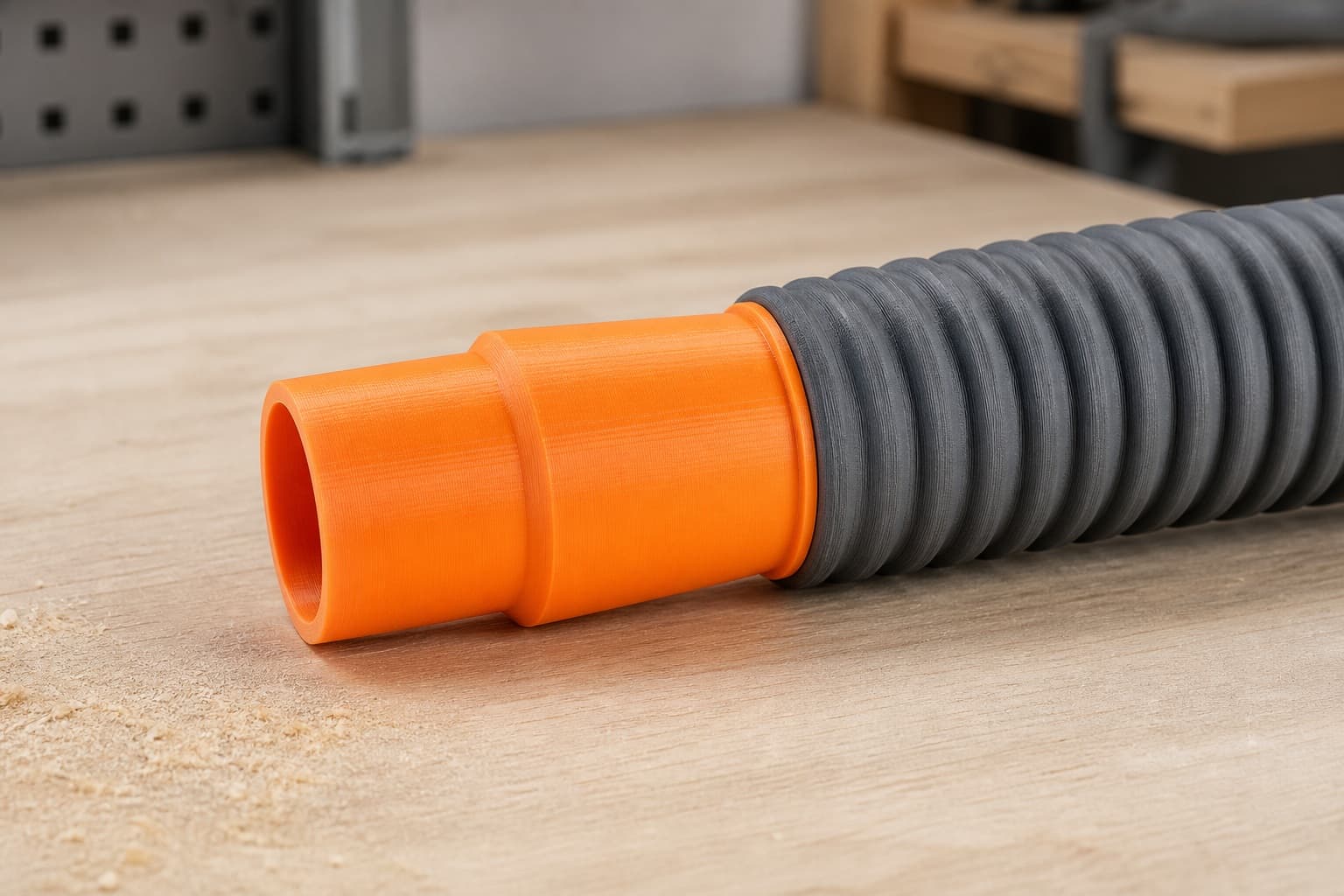 The DRT50 dust adapter connected to a plain shop vac hose