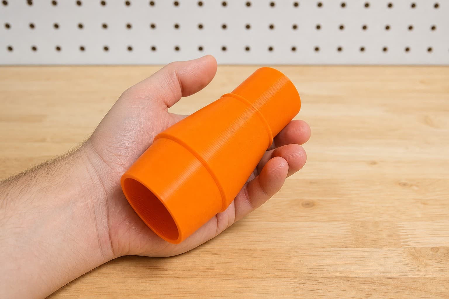 The DWS780 to Bauer 6G Vac dust adapter held in one hand to show its size