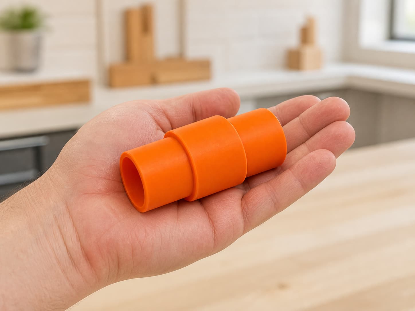 The MultiMaster to Bosch GAS18V-3N dust adapter held in one hand to show its size