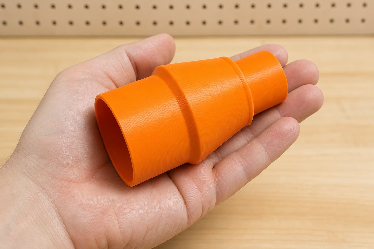 The SCT 60-22 to Craftsman 20G dust adapter held in one hand to show its size