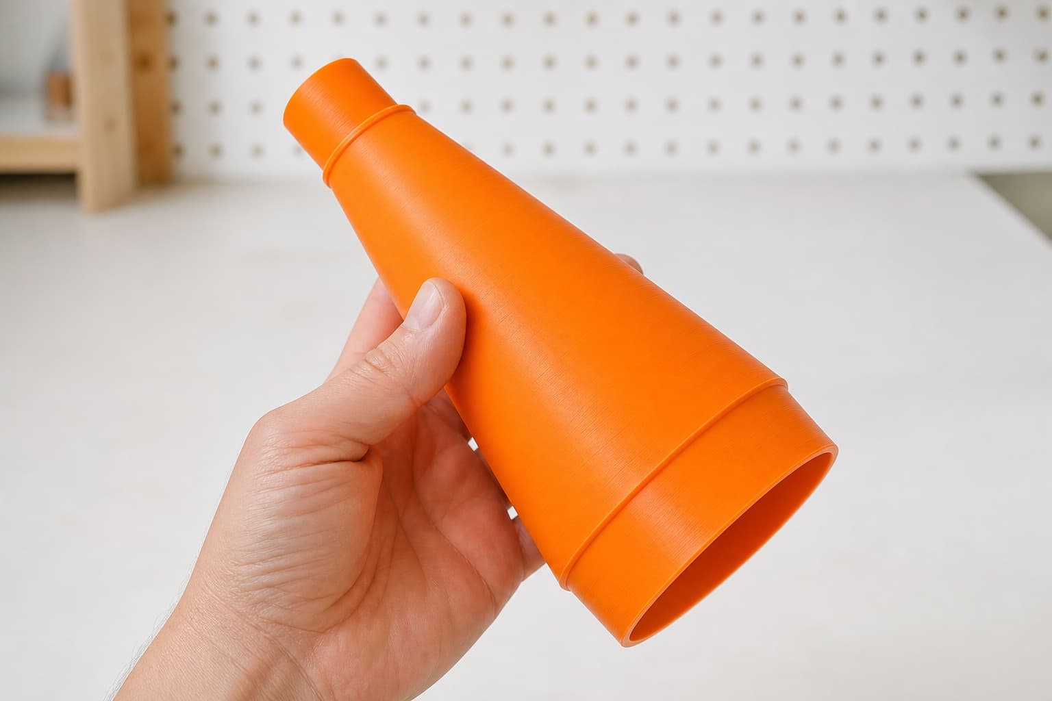 The 50-114 to 4" Duct dust adapter held in one hand to show its size