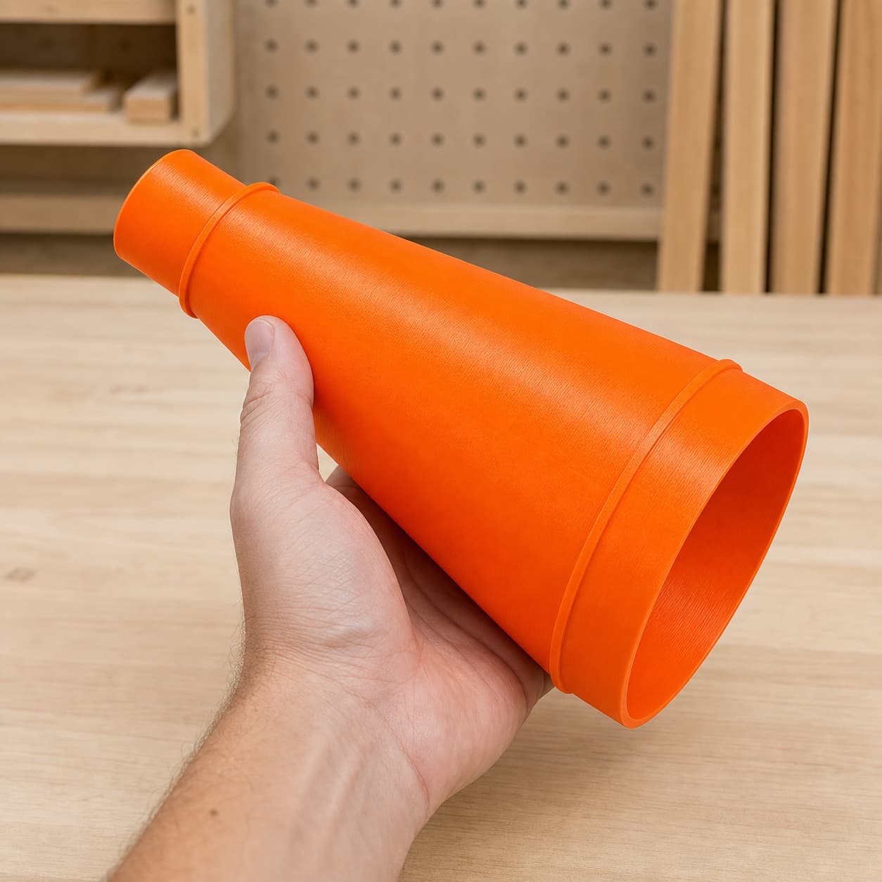 The SCT 60-22 to 5" Duct dust adapter held in one hand to show its size