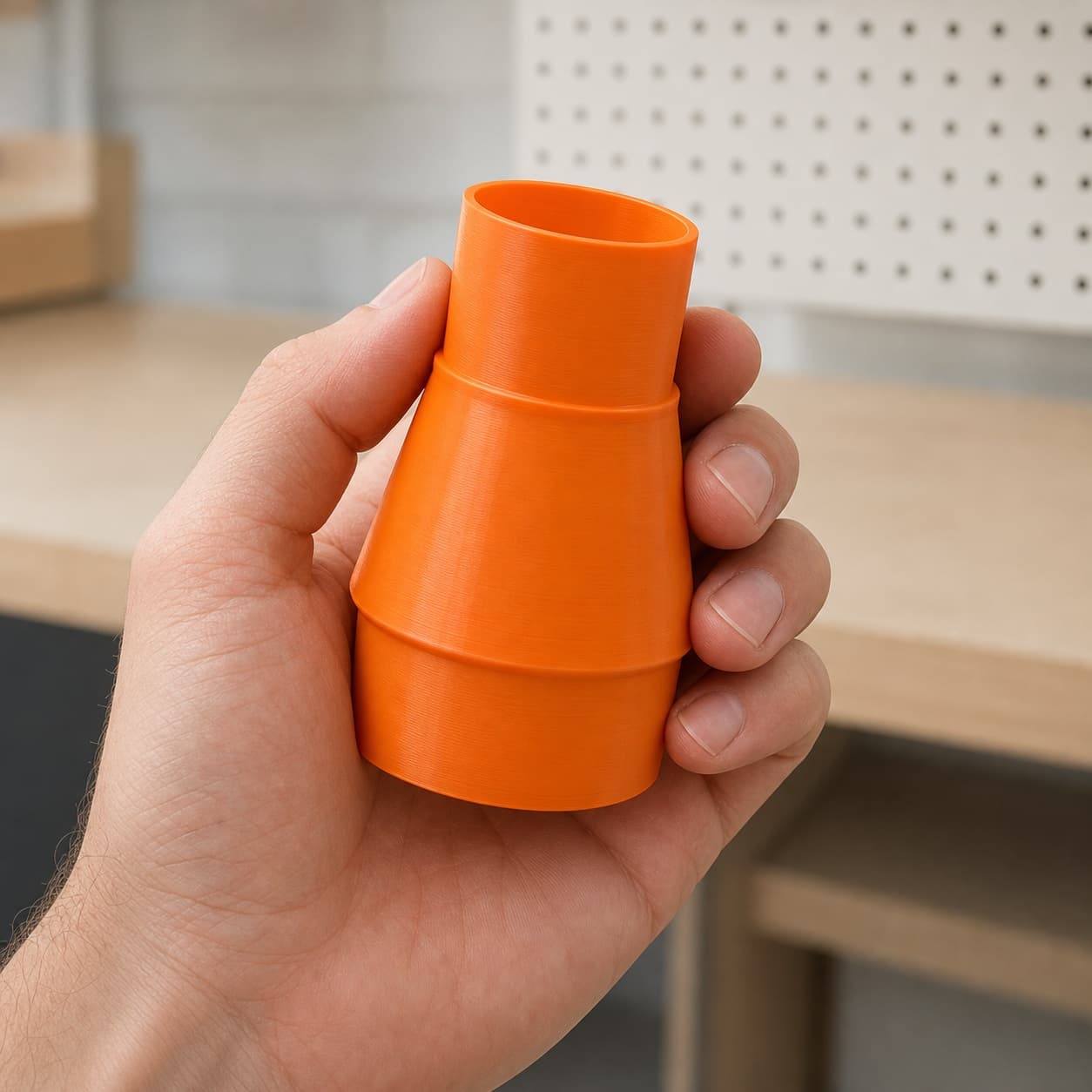 The TSS102L to Bauer 6G Vac dust adapter held in one hand to show its size