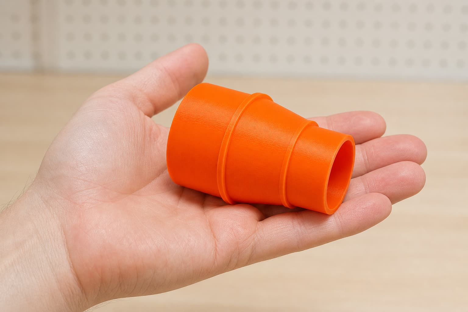 The KP0810 to Bauer 6G Vac dust adapter held in one hand to show its size