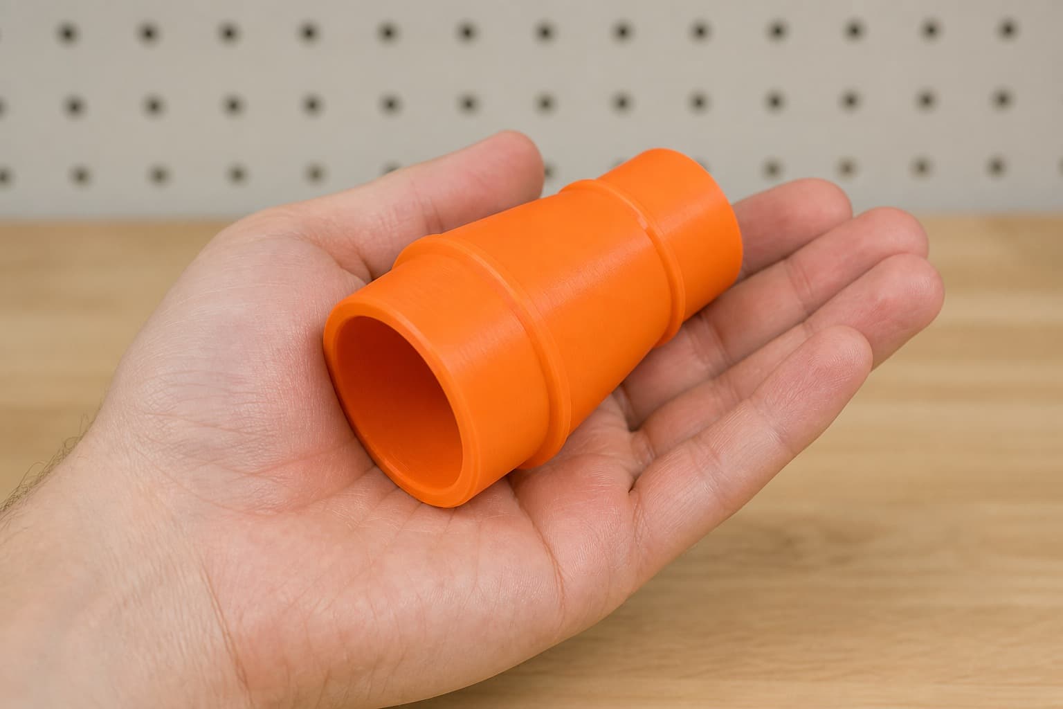 The 58862 to DeWalt DWV010 dust adapter held in one hand to show its size