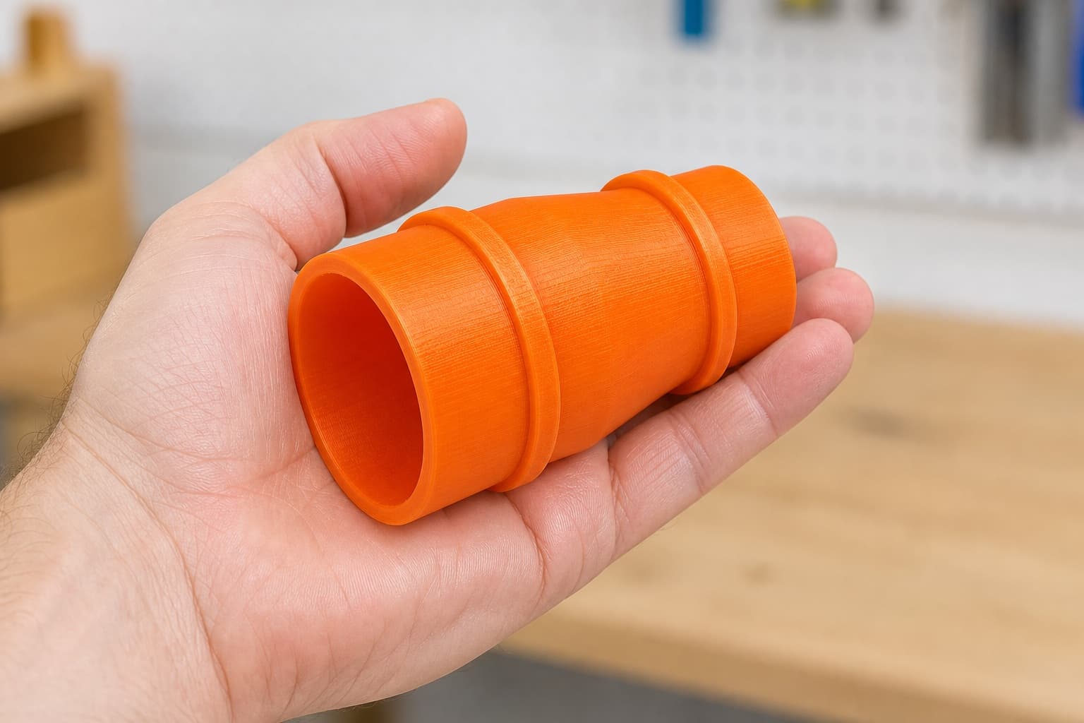 The 59313 to 1.875" Duct dust adapter held in one hand to show its size