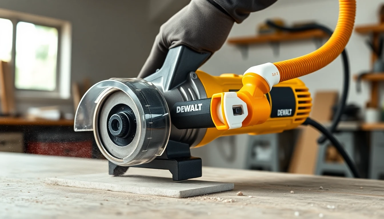 A 4-1/2 inch angle grinder cutting concrete with a clear polycarbonate dust shroud and an orange shop vac hose connected through a small white 3D-printed PETG adapter