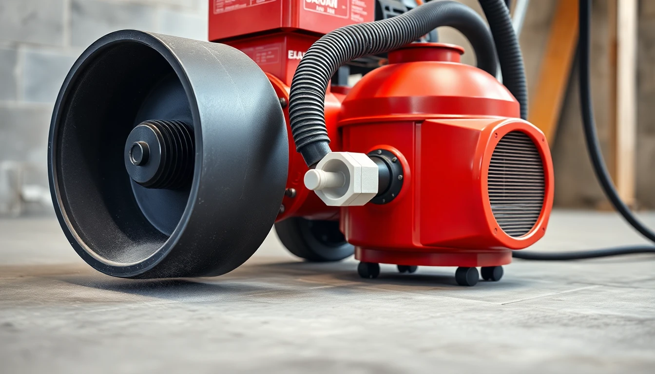 A red concrete floor grinder with a wide round grinding head, a heavy black plastic dust shroud, and an industrial hose connected through a small white 3D-printed PETG adapter to a red HEPA shop vac on a raw concrete jobsite