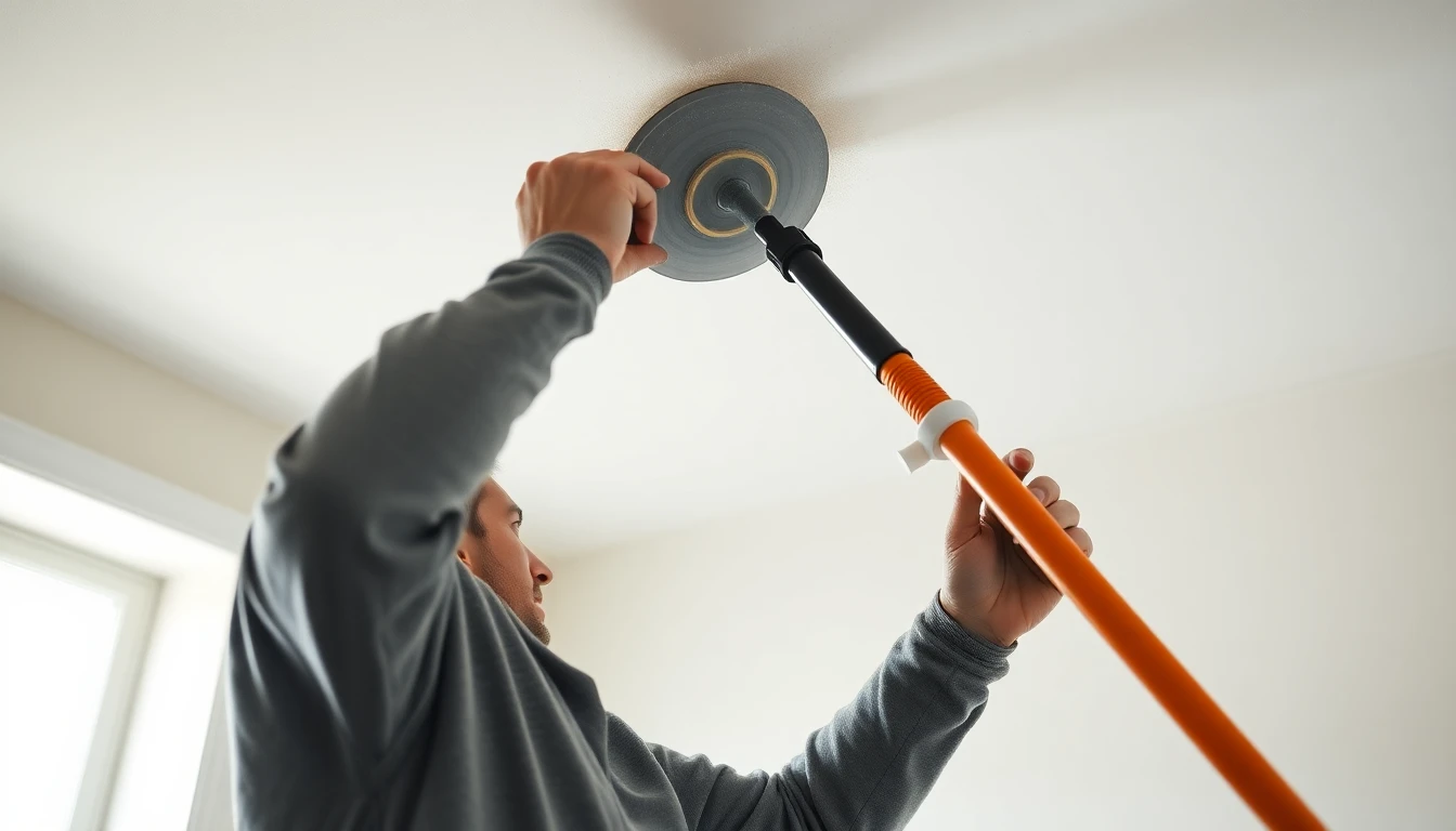 A worker sanding a high drywall ceiling with a long-handled pole sander that has a circular sanding head, a clear plastic dust shroud, and an orange shop vac hose connected through a small white 3D-printed PETG adapter