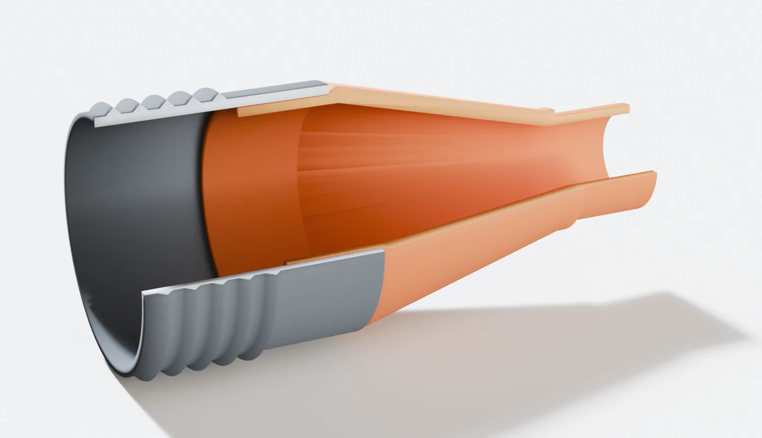 Cutaway drawing of an orange dust adapter seated inside a grey ribbed hose, cut lengthwise so the whole joint is visible